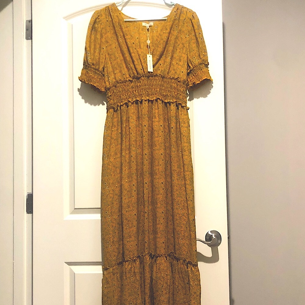 Yellow Bohemian Floral Tea Length Dress (L)